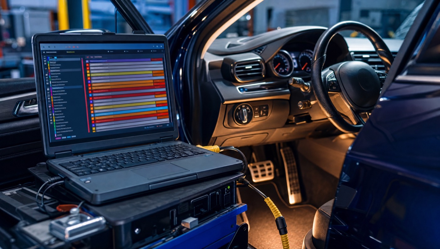 Calibration software connected to a European car in the workshop