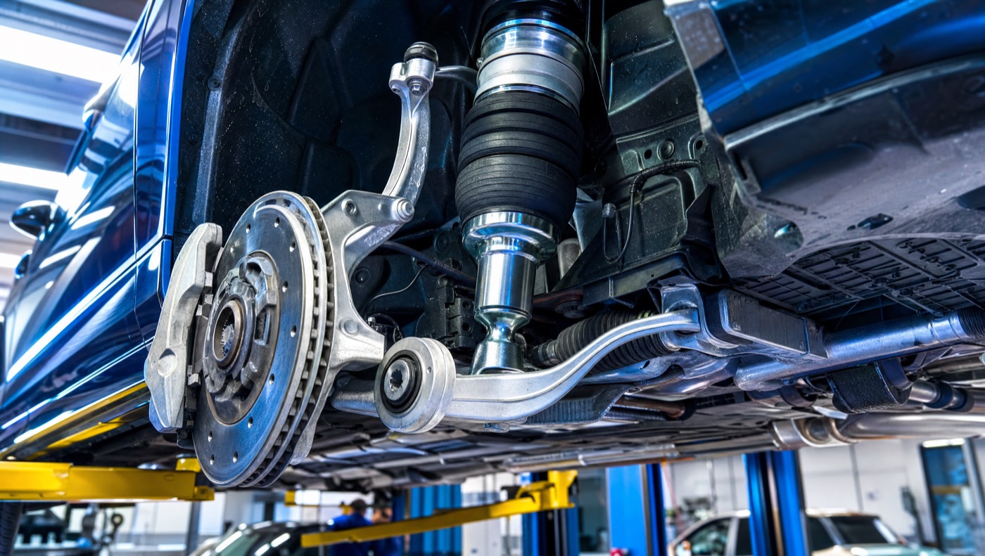 Air suspension strut and control arm seen from under the car